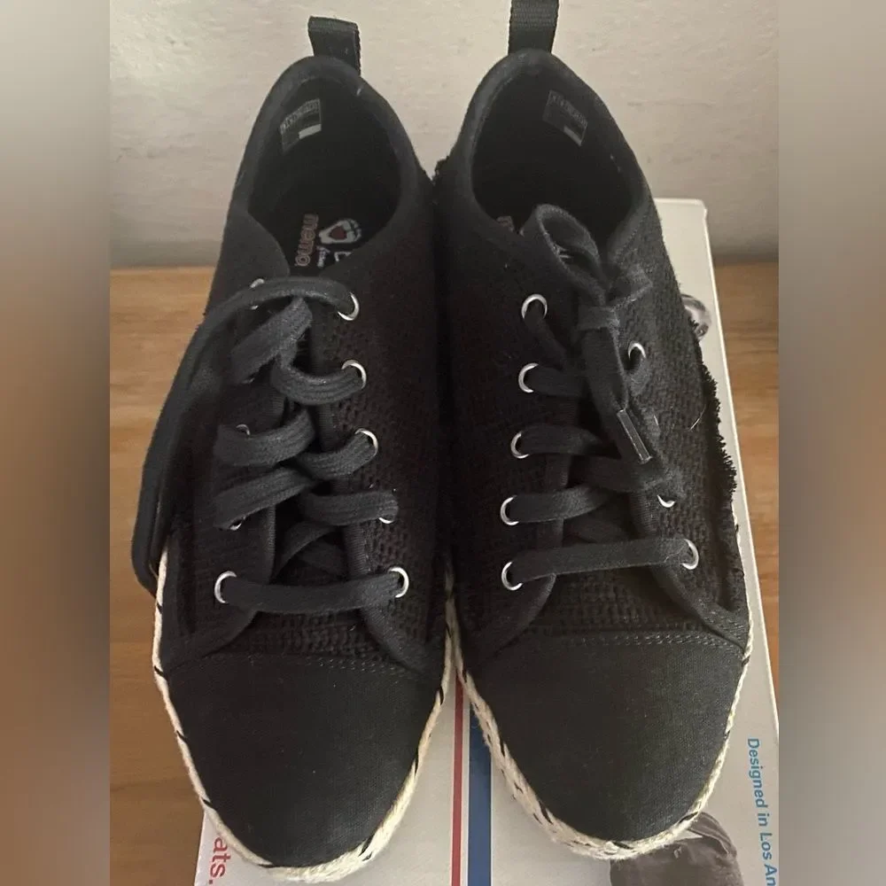 Skechers BOBS Women Espadrille Lace-Up Sneakers Platform Shoes Black Size 8
